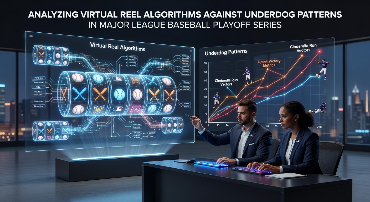 Virtual reel algorithms visualized alongside MLB playoff data streams showing underdog win distributions