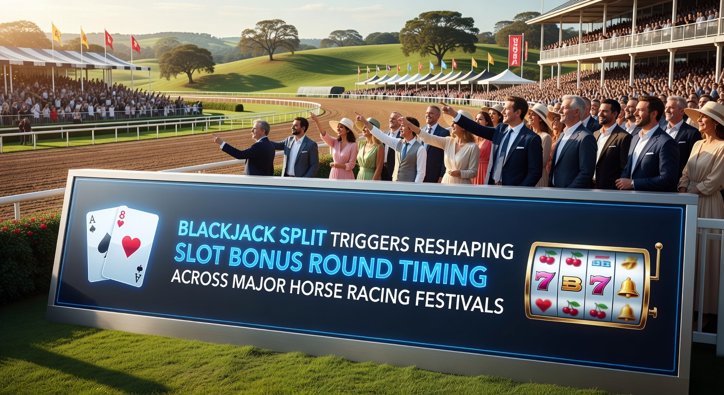 Blackjack table setup near a slot machine area at a horse racing festival venue with promotional banners visible