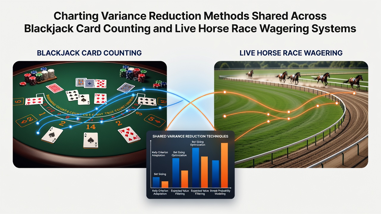 Diagram showing variance reduction techniques in blackjack card counting systems compared to horse race wagering strategies