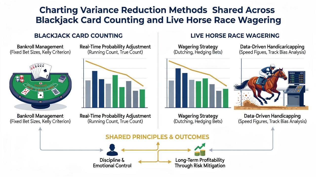 Infographic illustrating shared variance control tactics between table games and pari-mutuel horse betting