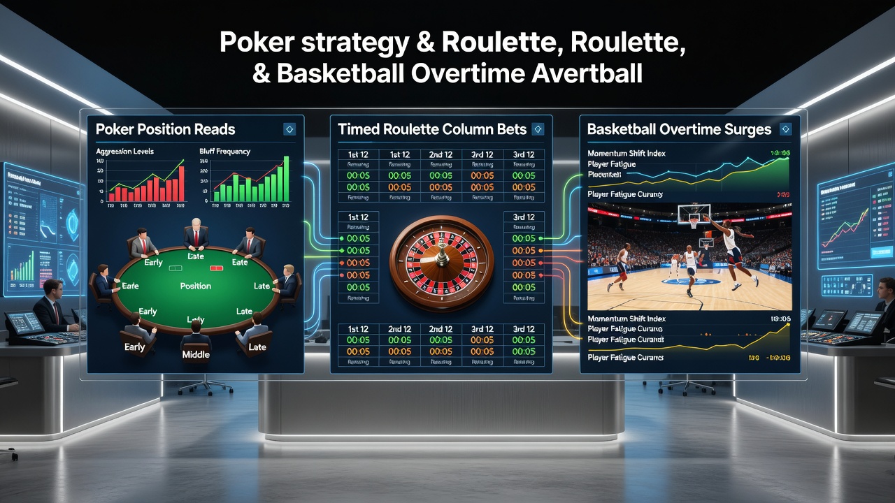 Basketball players competing in overtime with casino gaming elements overlaid showing poker chips and roulette wheel