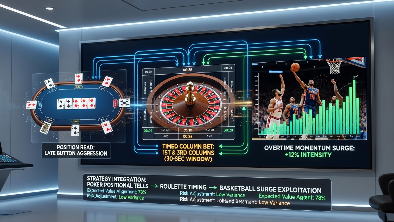 Close-up of roulette table with basketball overtime scoreboard in background illustrating timed betting connections