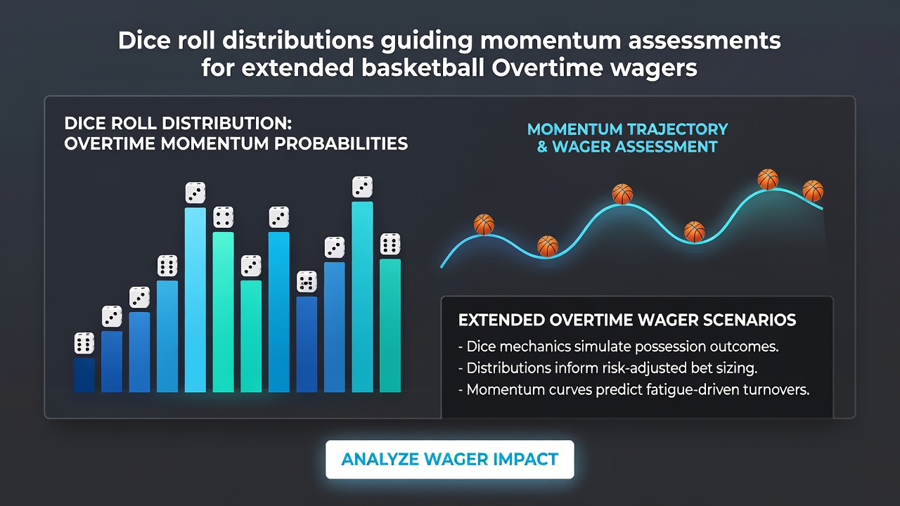 Dice roll probability charts overlaid on basketball overtime game footage showing momentum shifts during extended periods