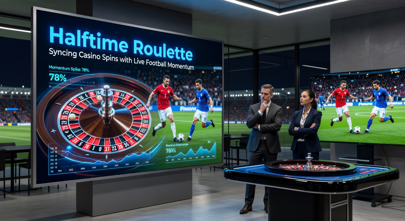 Vibrant casino roulette table overlaid with live football stadium action during halftime, showing synchronized betting interfaces