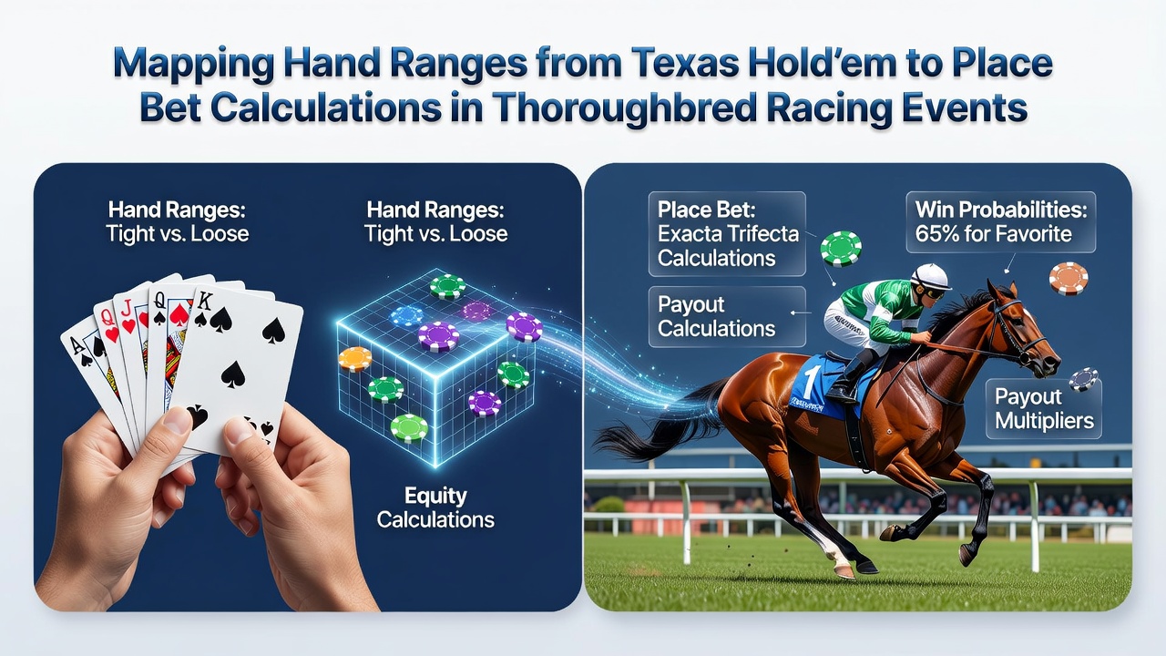 Diagram showing poker hand range grids overlaid on thoroughbred racing place bet probability charts