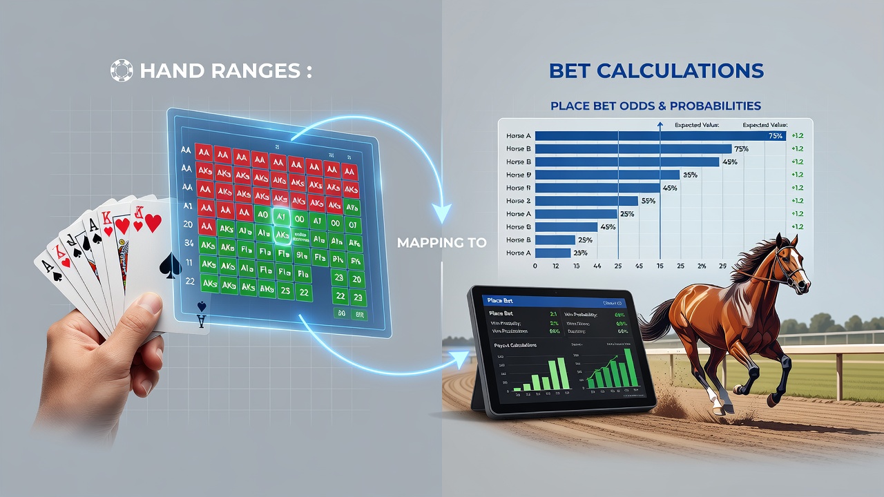 Chart comparing poker range equity percentages with thoroughbred place bet hit rates across different field sizes