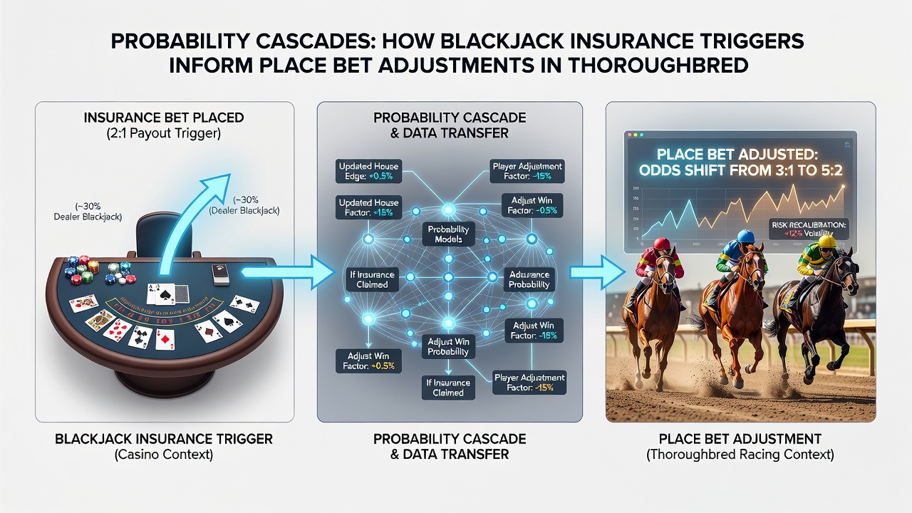 Split screen display comparing blackjack insurance payout charts with thoroughbred place betting trends from races in three continents