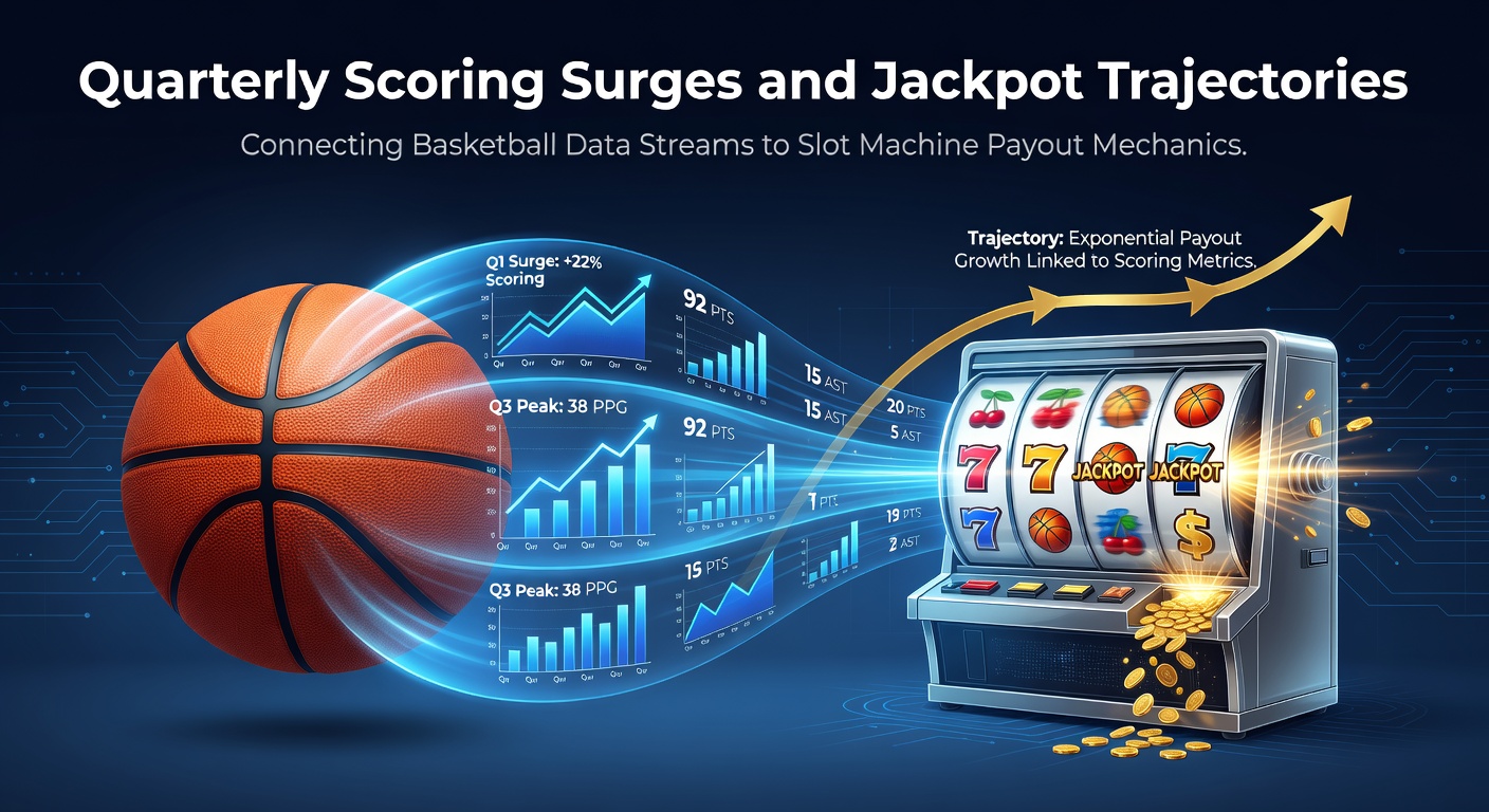 Basketball arena scoreboard displaying real-time quarterly scoring data alongside digital slot machine reels showing progressive jackpot trajectories