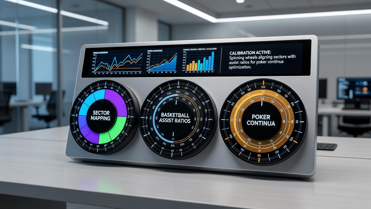 Composite graphic showing roulette wheel sectors merged with basketball assist heat maps and poker bet sizing sliders alongside horse racing pace graphs