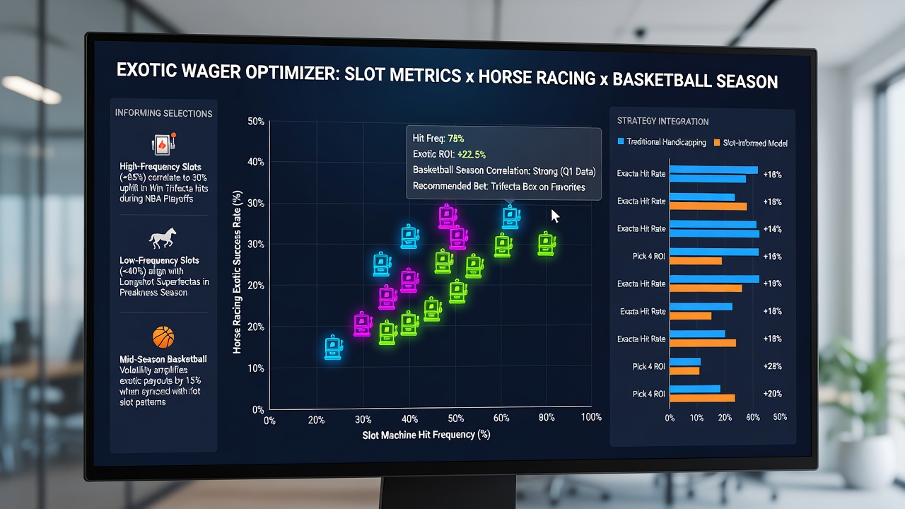 Data visualization dashboard merging slot hit frequency charts with horse racing exotic probability grids and live basketball score feeds