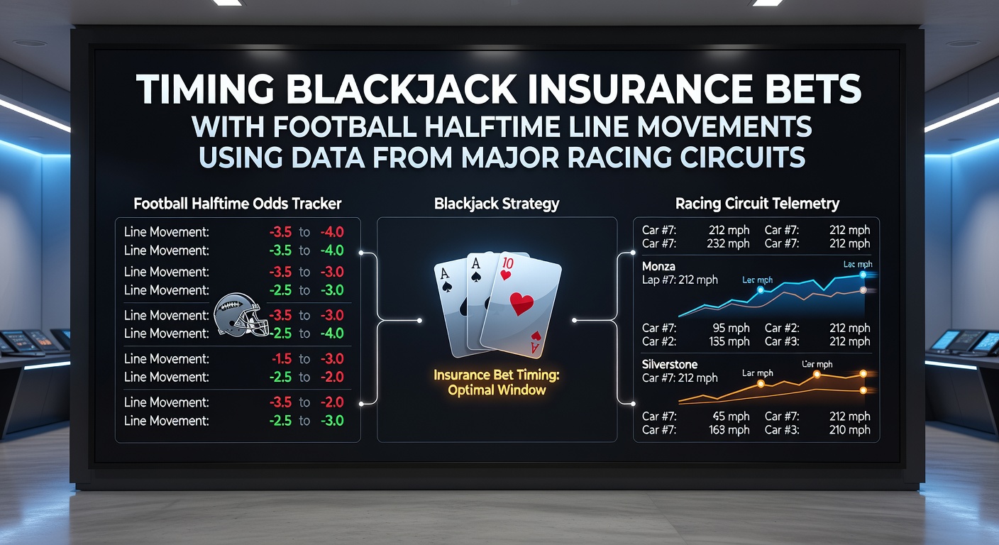 Data analysts reviewing football halftime line charts alongside blackjack insurance timing models derived from racing circuit performance metrics