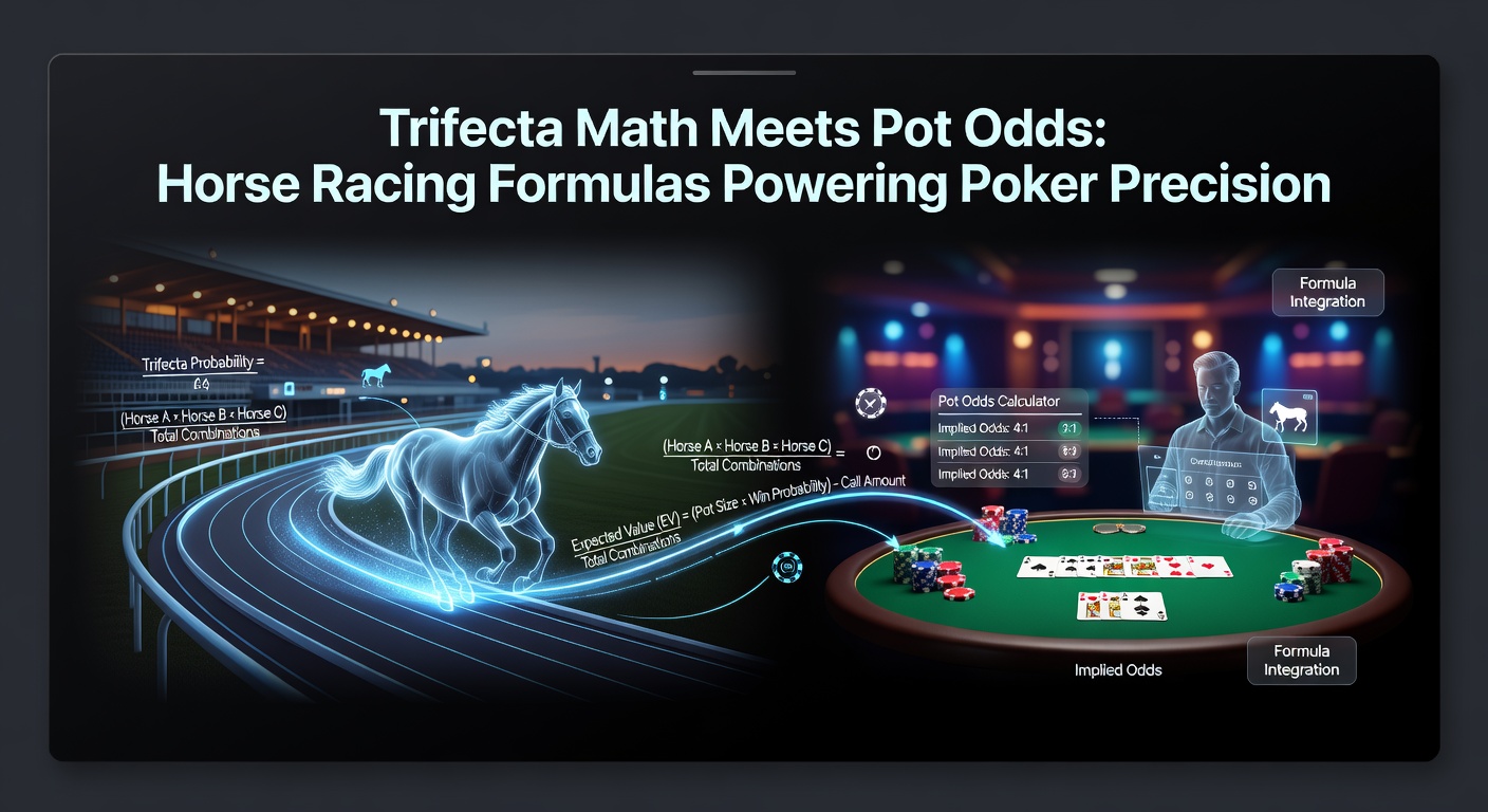 A dynamic scene of a horse race finish line with overlaid poker chips and probability charts illustrating the blend of racing trifectas and poker pot odds calculations