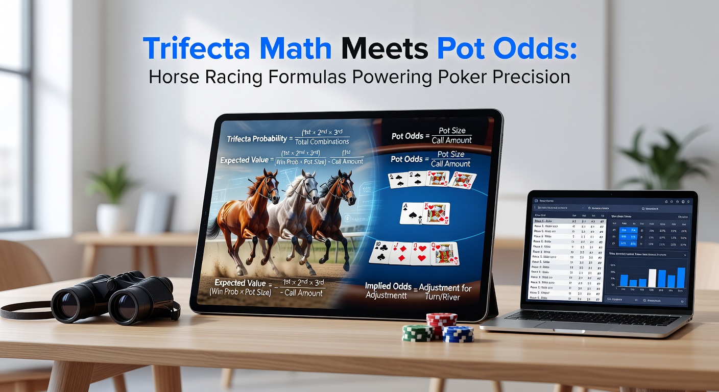Close-up of a poker player analyzing a hand on a laptop screen displaying pot odds charts alongside a horse racing trifecta payout table, highlighting shared mathematical overlays