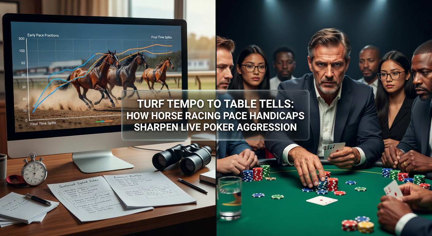 A dynamic scene from a horse race showing horses surging ahead in early pace, with a poker table inset highlighting aggressive betting action