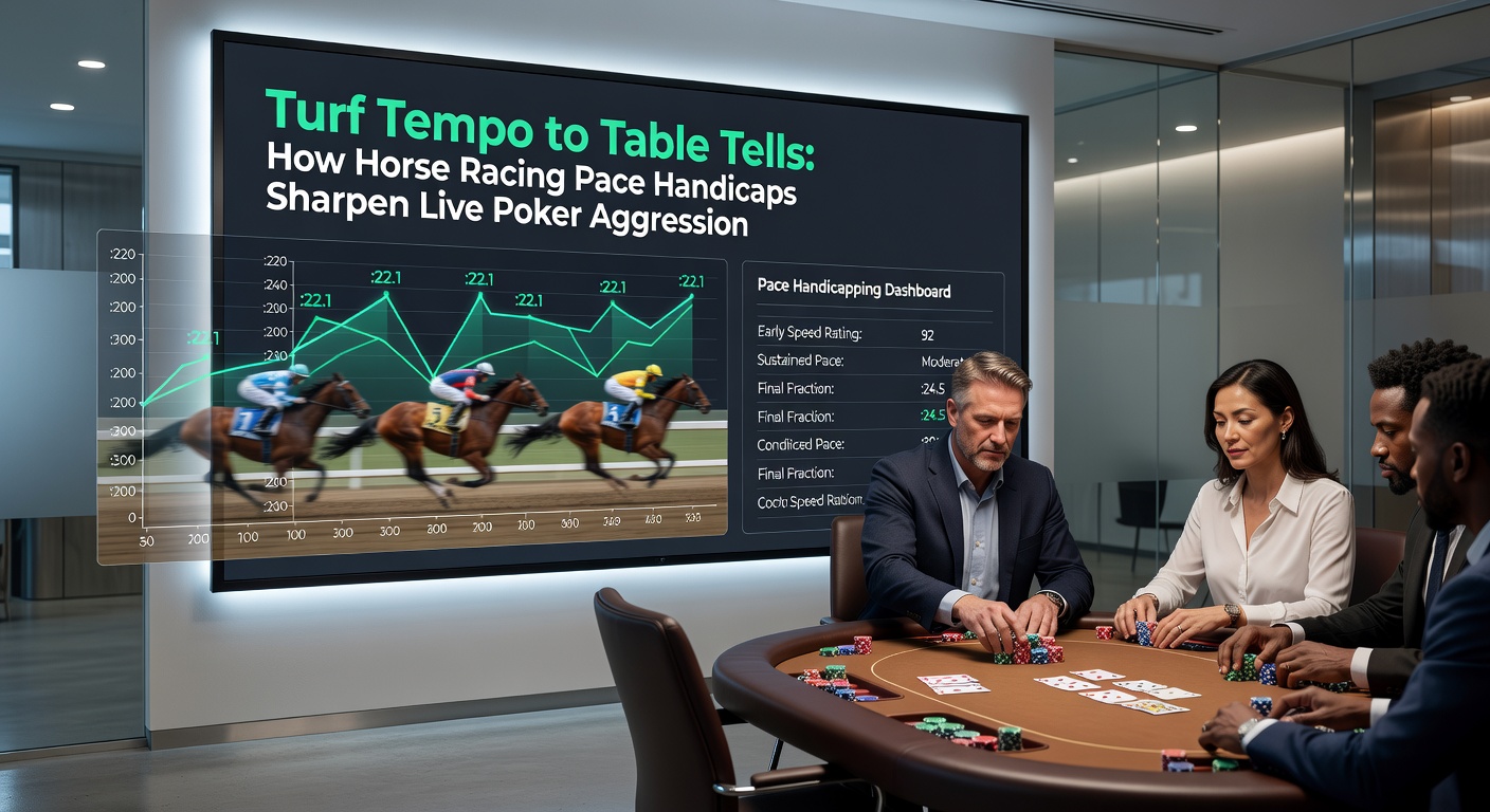 Split-image graphic contrasting a horse race pace chart with a poker hand history graph, illustrating tempo parallels in decision-making