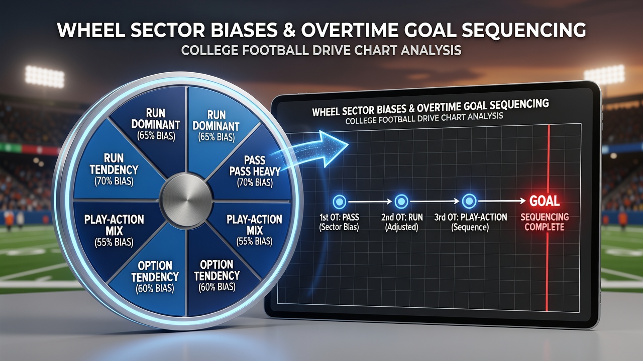 Analytical visualization of roulette wheel sector biases overlaid with college football overtime drive chart patterns