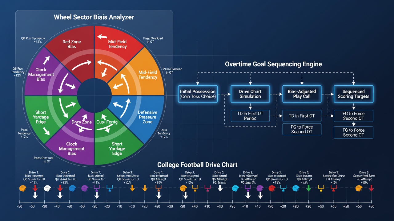 Side-by-side comparison of biased wheel sectors and overtime drive progression heatmaps from 2025 college football season